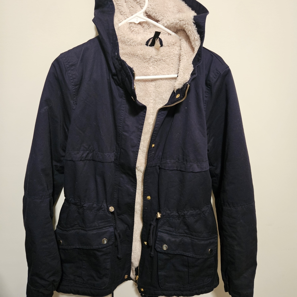 H&M Dark Blue Hooded Jacket with Faux Fur